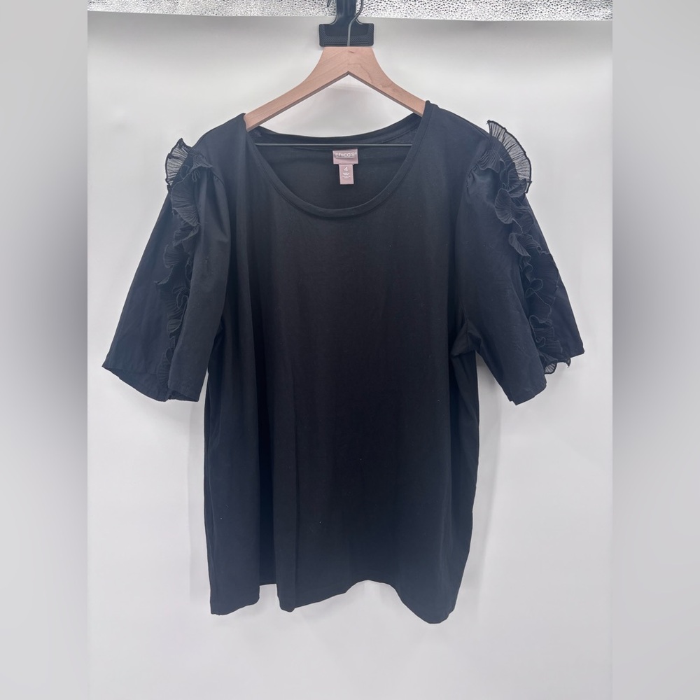 Chico's Black Short Sleeve Top with Ruffle Detail Size 4 (XXL)
